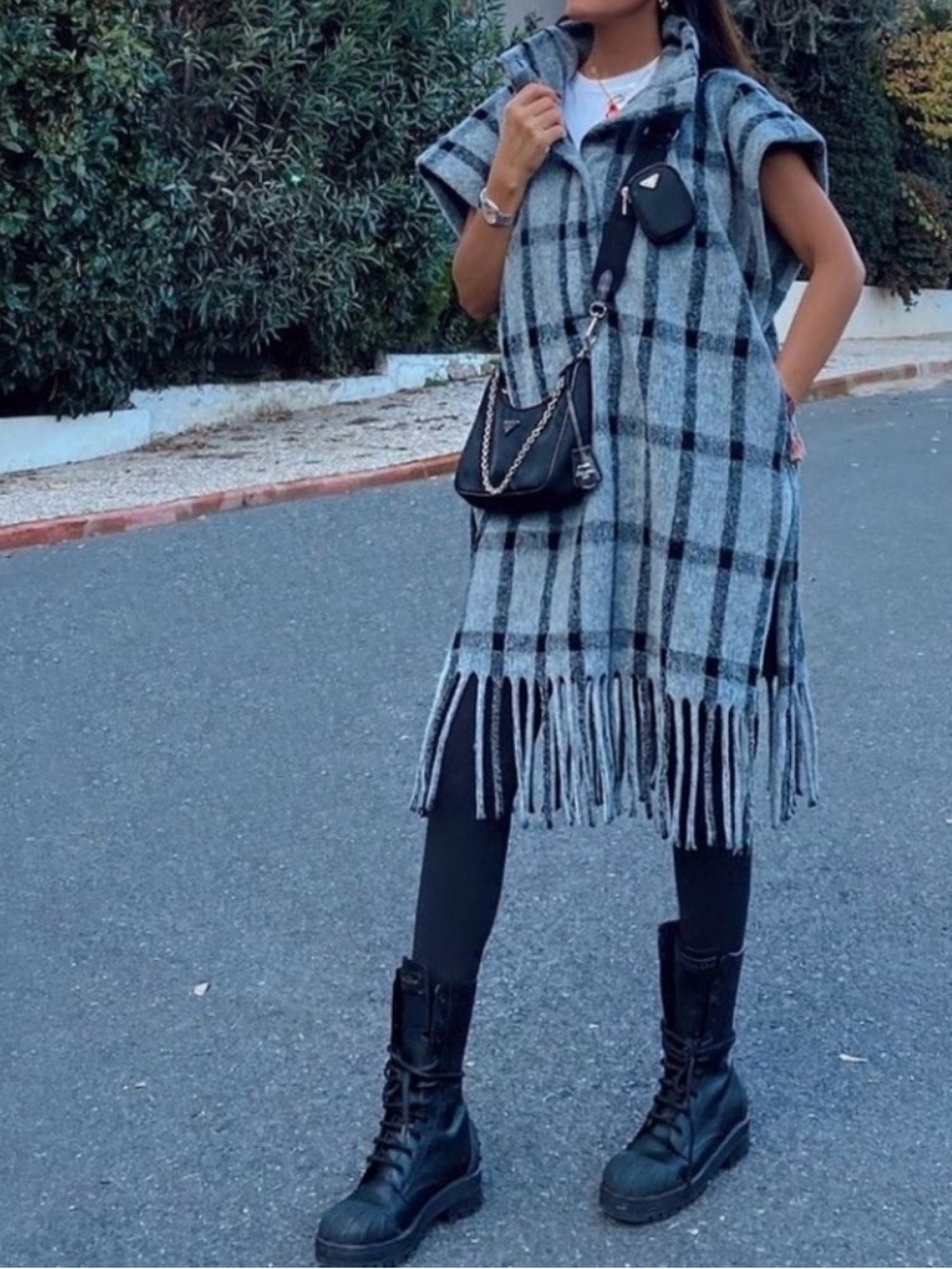 Zara Charcoal and Light Gray Plaid Fringe Poncho